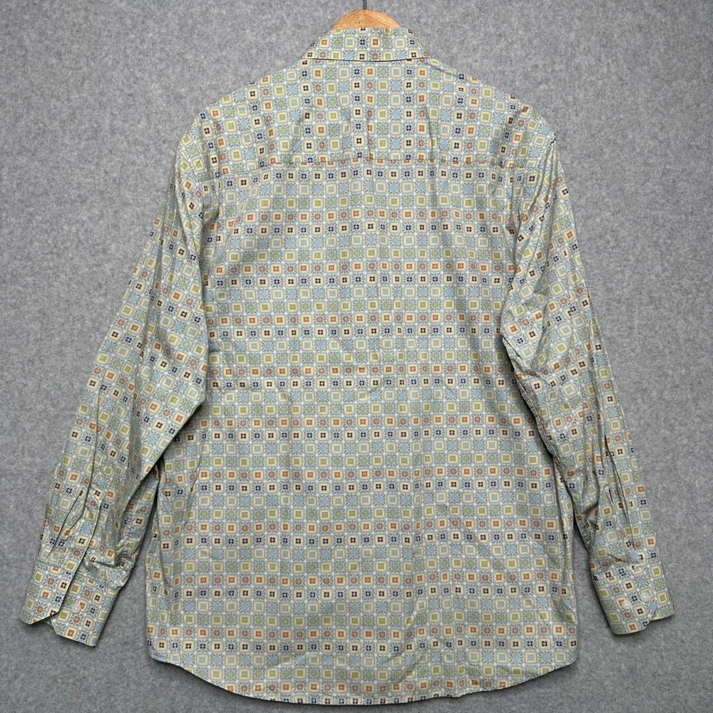 Alan Flusser Mens‎ Geometric Mosaic Print Cotton Button Down Shirt Yellow Blue L - Picture 3 of 6